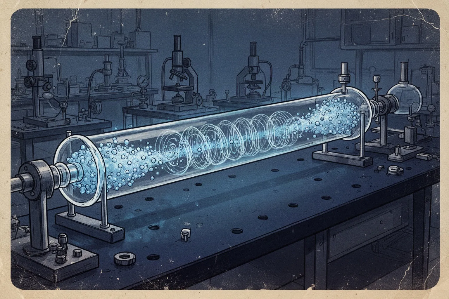 Схематическое изображение квантового состояния с волнами и частицами в холодном атомном облаке