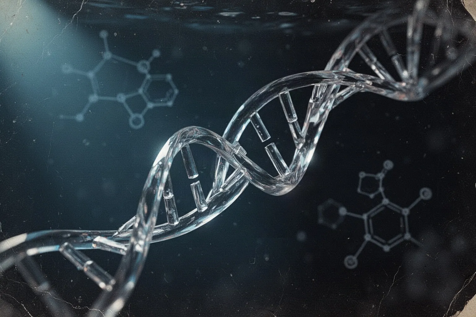 Светящаяся тройная спираль искусственной ДНК на тёмном фоне с молекулярными структурами.