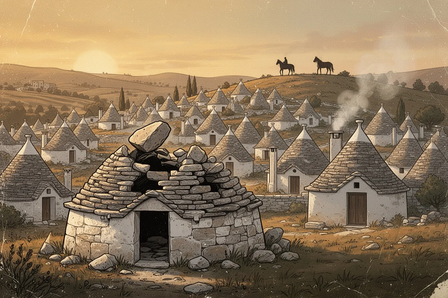 Белые купольные дома трулли с коническими серыми крышами в итальянском городе Альберобелло