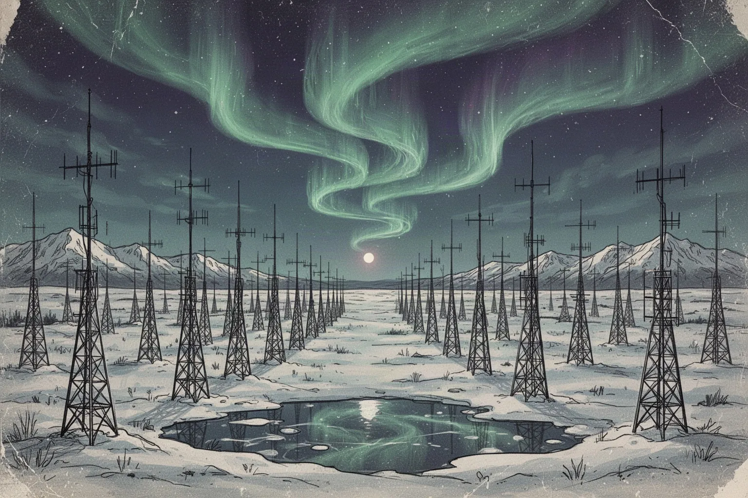 Поле с множеством антенн HAARP на фоне сумеречного неба и северного сияния.