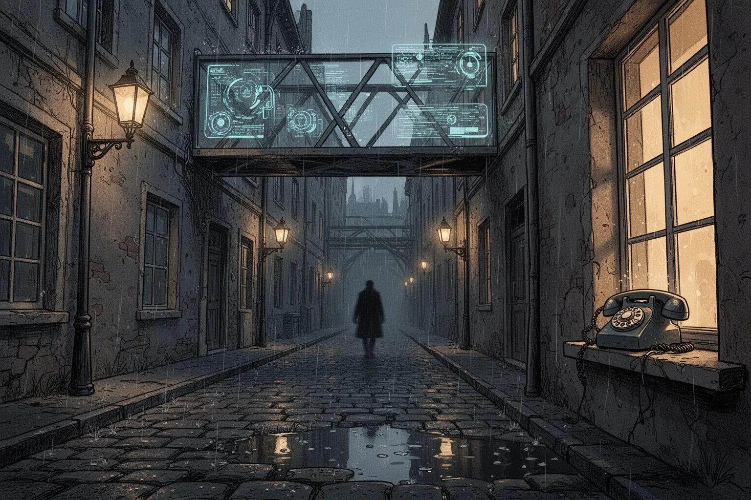 Пожилой мужчина в очках держит старую книгу на фоне футуристического цифрового коллажа.