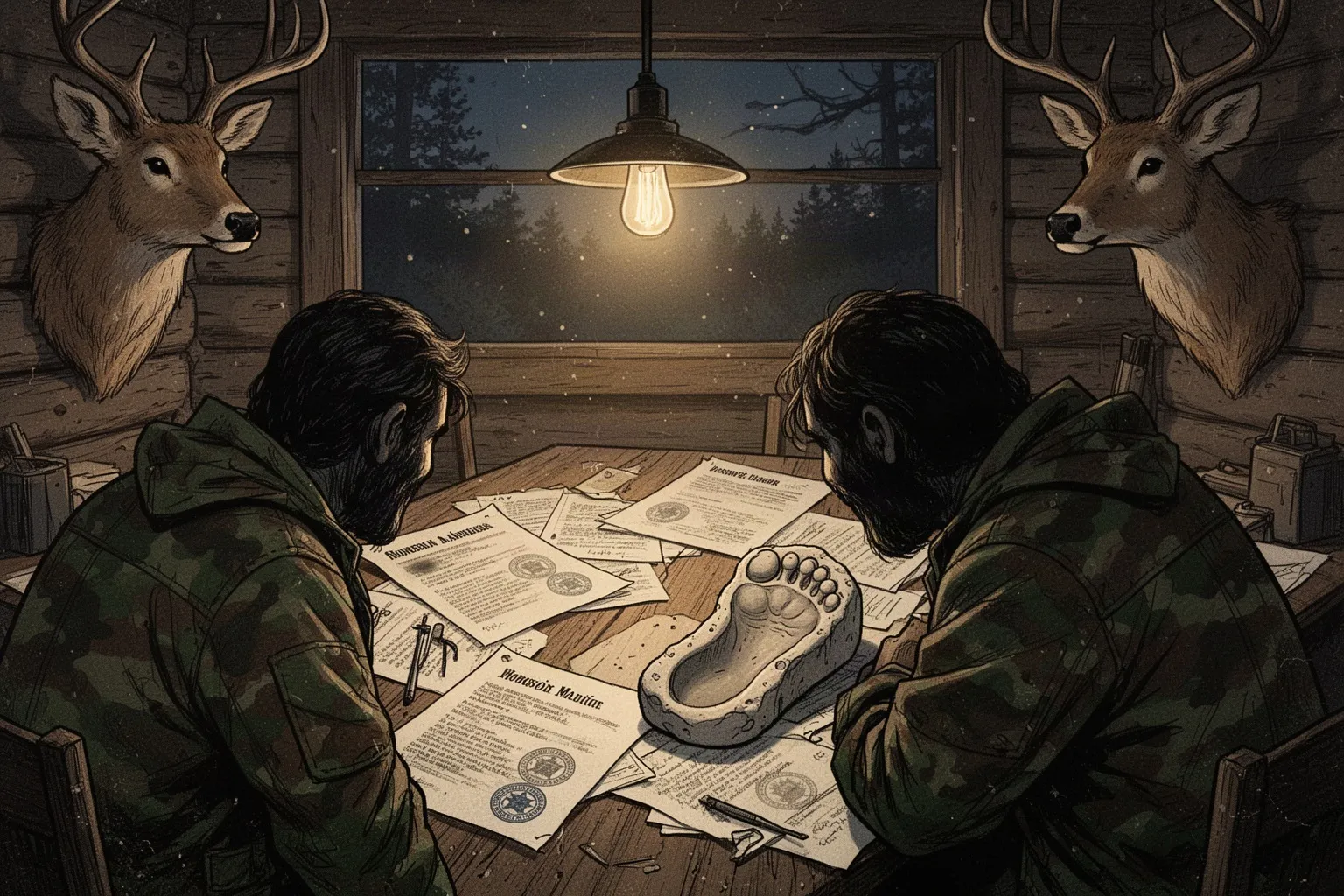 Охотник в камуфляже держит гипсовый слепок крупного следа на фоне леса.