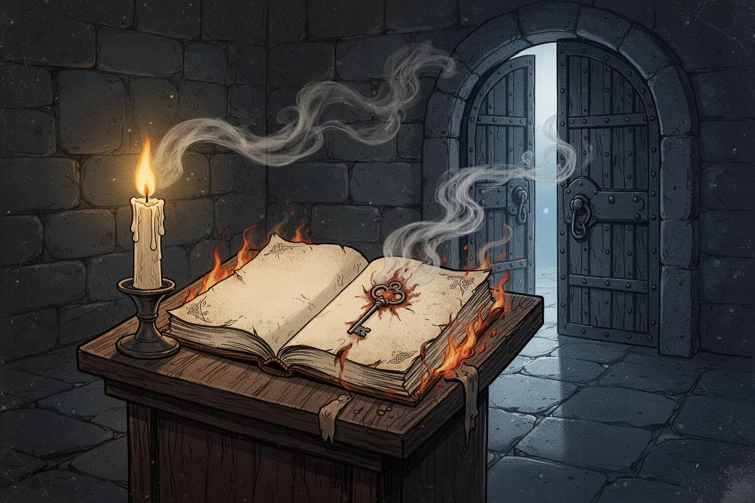 Старинная книга в тёмном переплёте с оккультными символами лежит на столе при свечах.