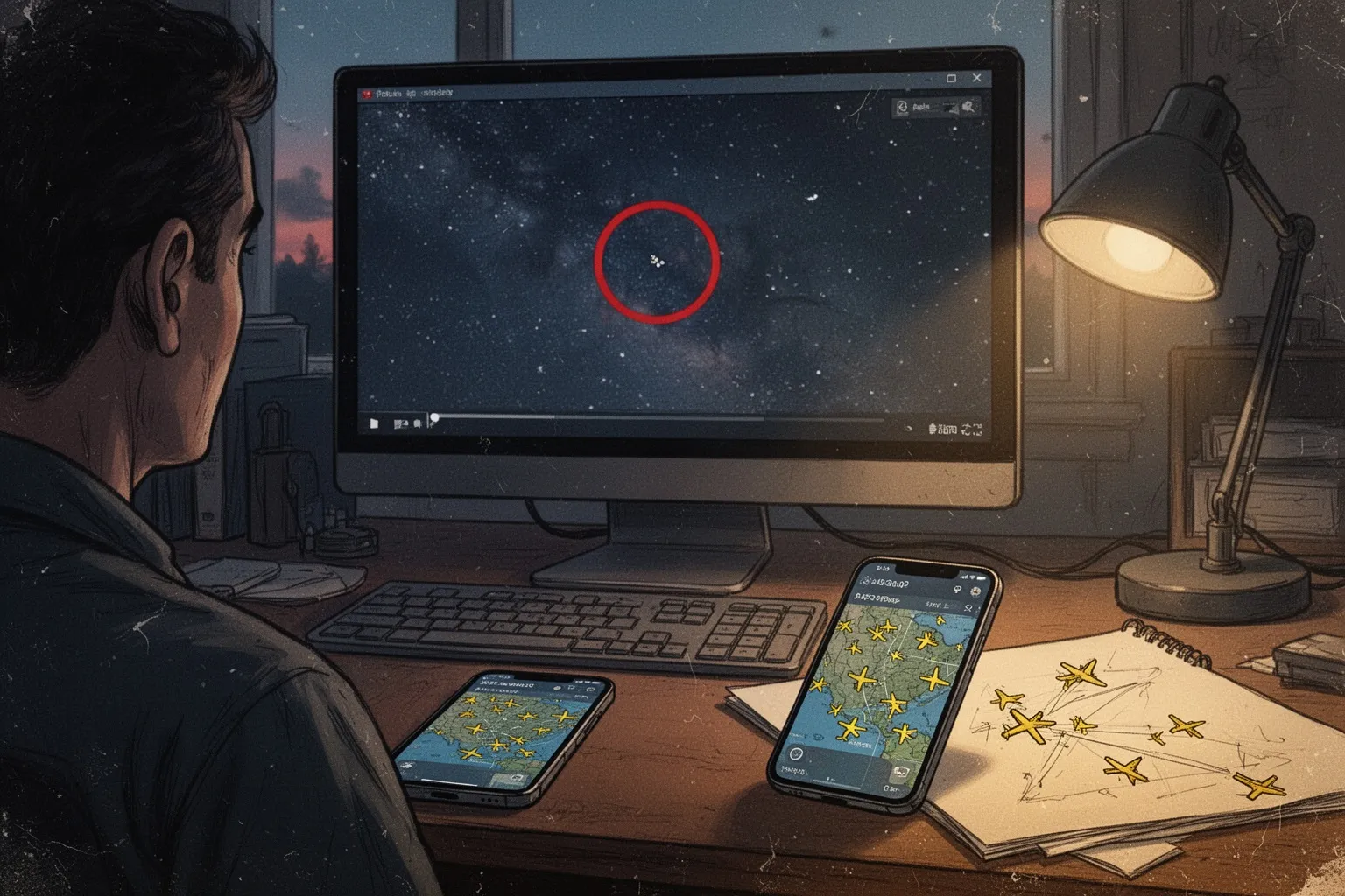 Человек держит смартфон на фоне ночного неба, на экране виден интерфейс приложения для анализа видео.