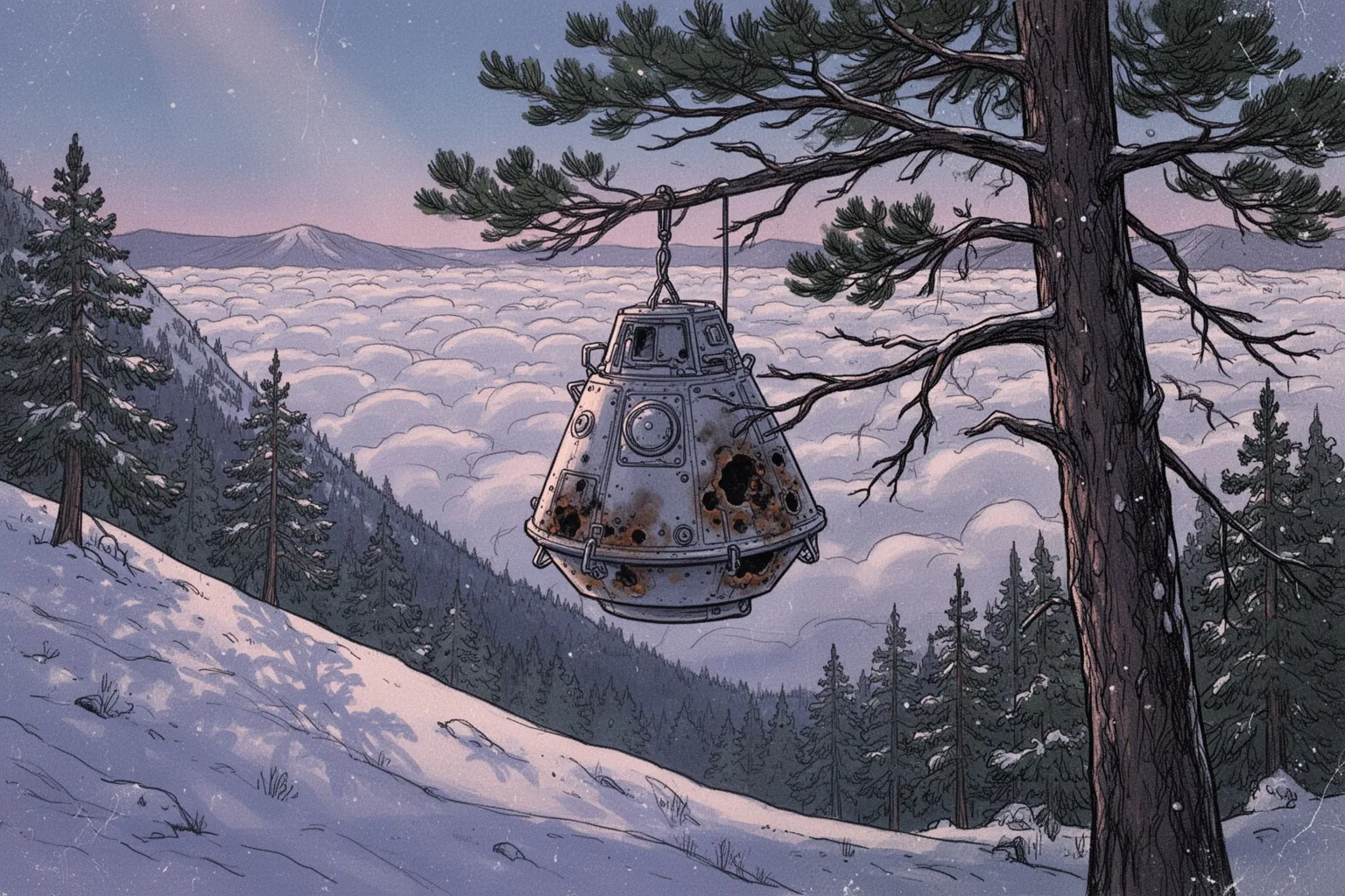 Космический корабль «Союз» завис над заснеженными горами Алтая, освещённый фиолетовым свечением неопознанного объекта.