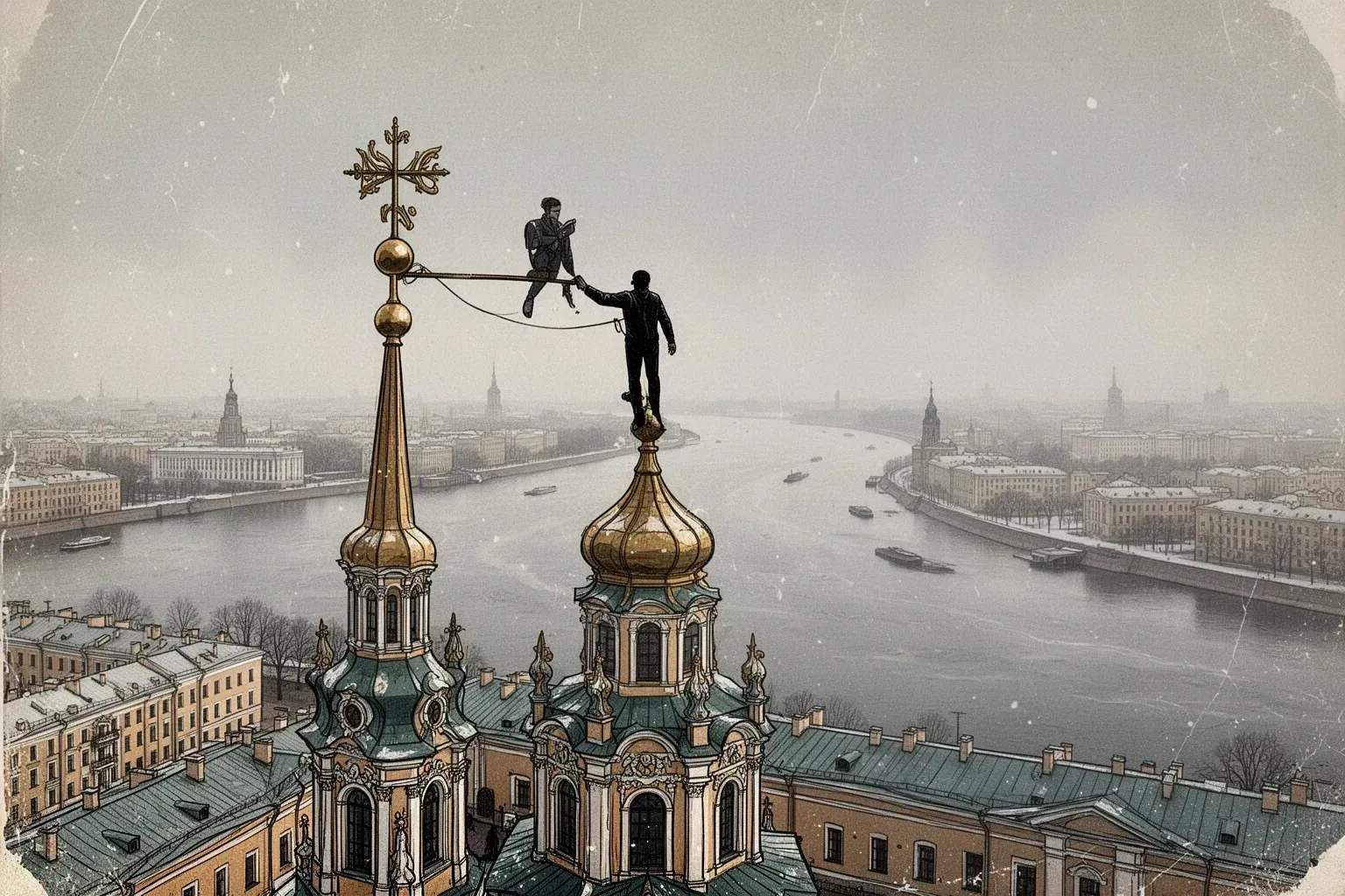 Силуэт человека в тёмном костюме на острие позолоченного шпиля Петропавловской крепости над серой Невой.
