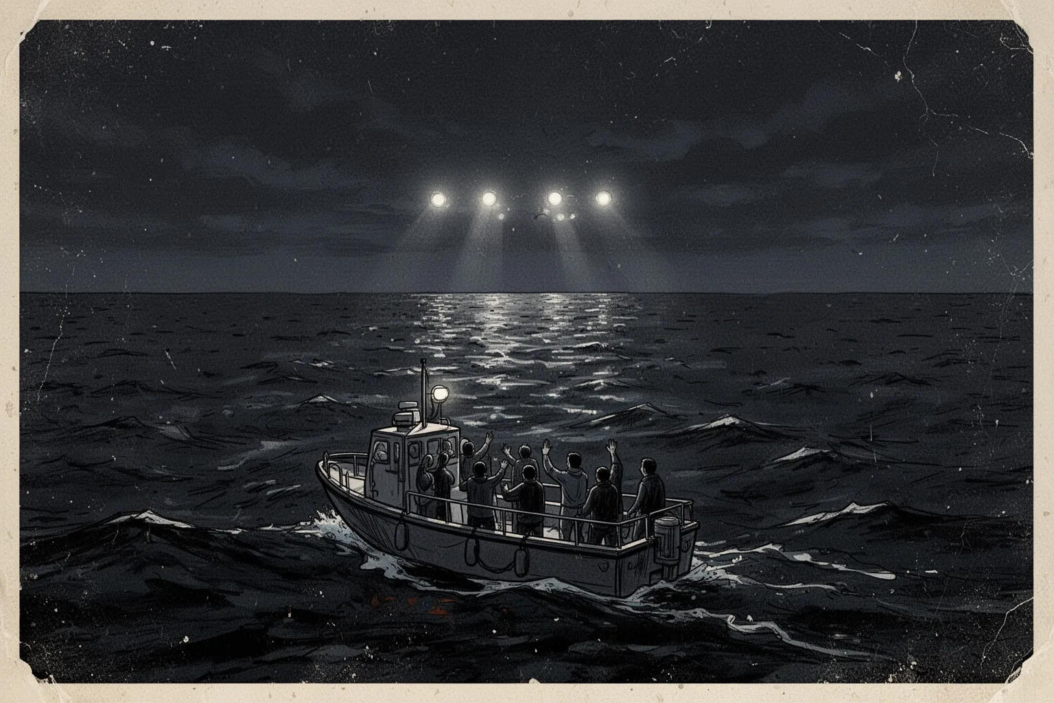 Ночной океан, тонущий корабль и таинственные огни, уводящие спасательные шлюпки в темноту.