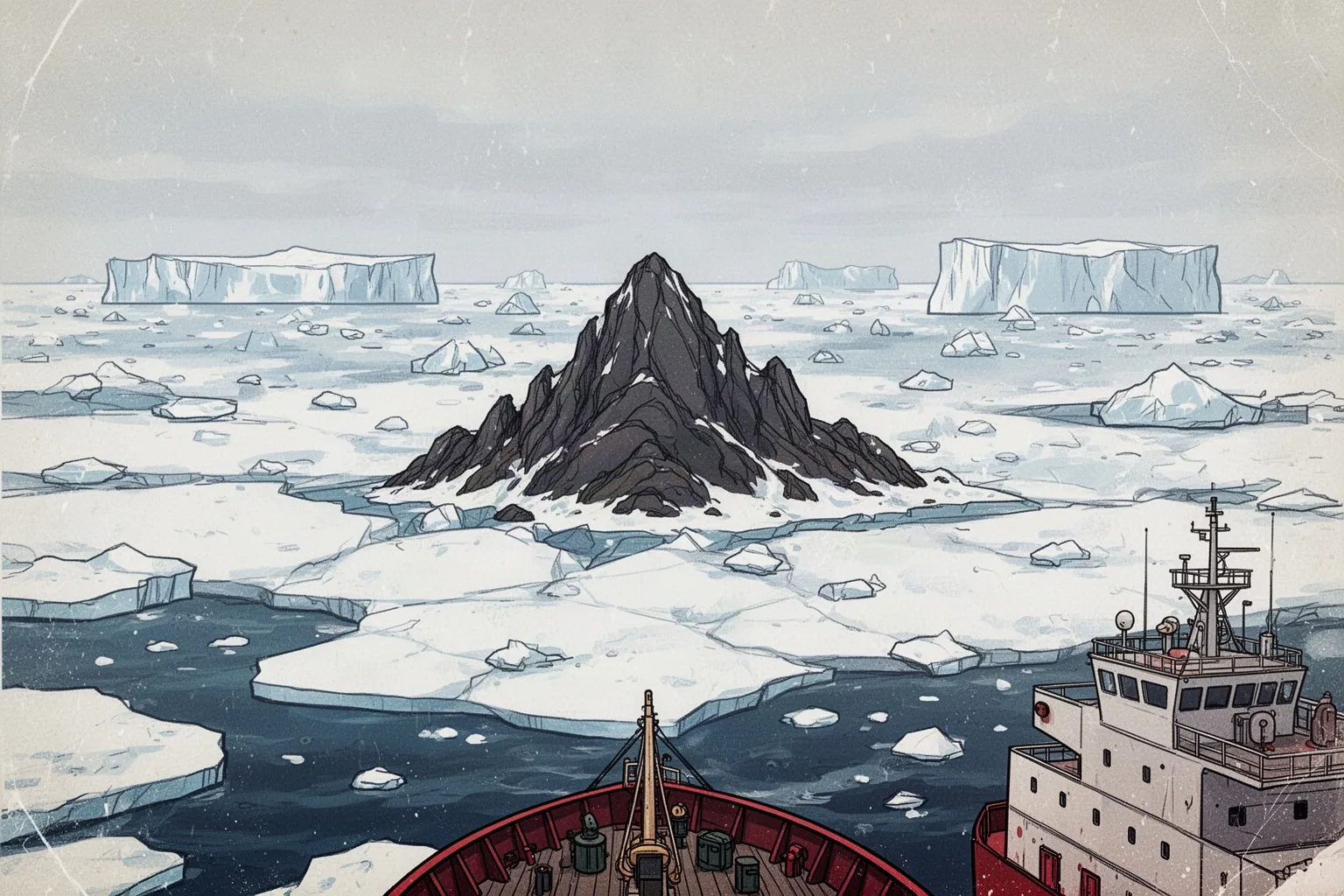 Ледокол Polarstern стоит у небольшого скалистого острова среди льдов моря Уэдделла.