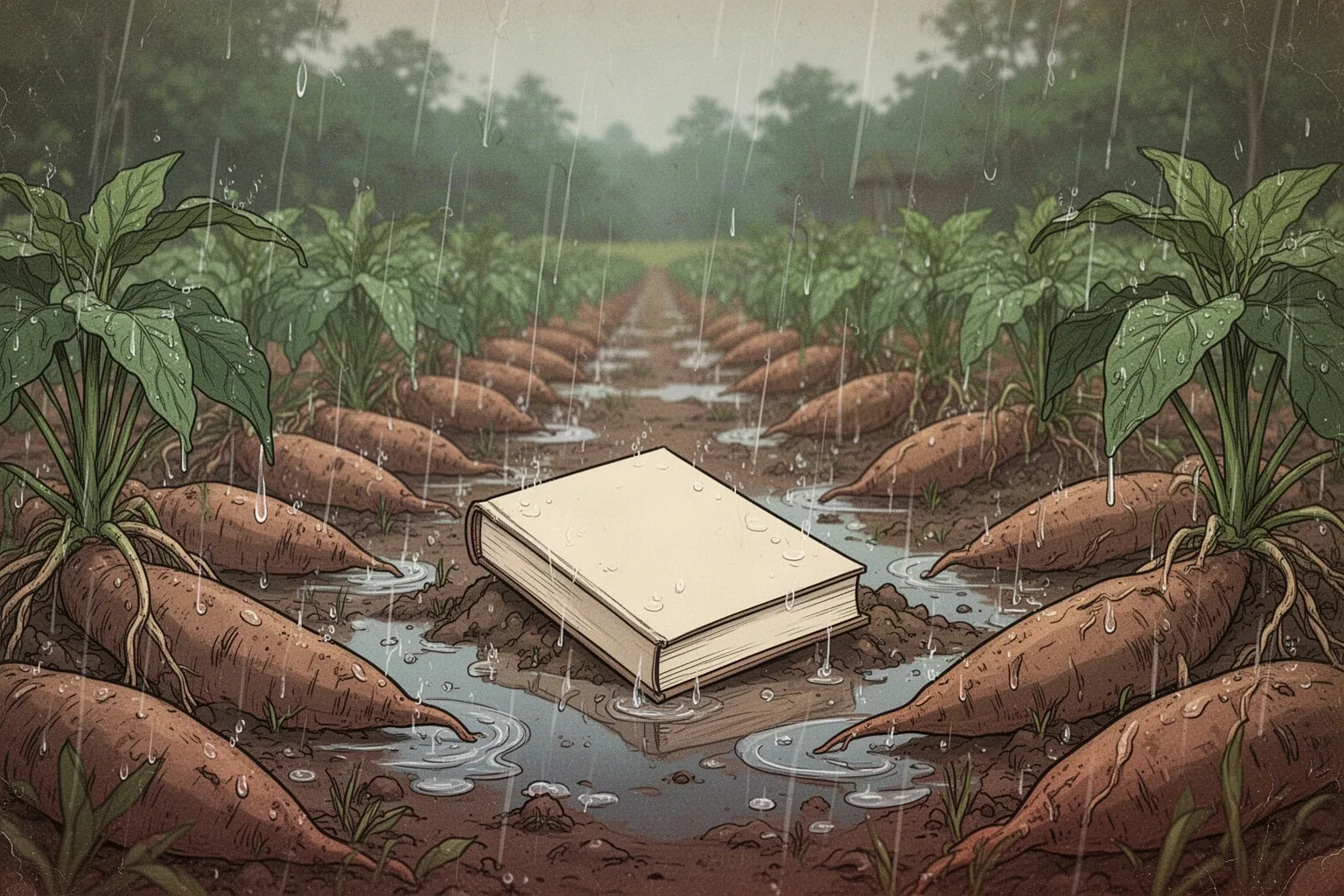 Женщина держит сухую книгу среди мокрых клубней ямса под проливным дождём.