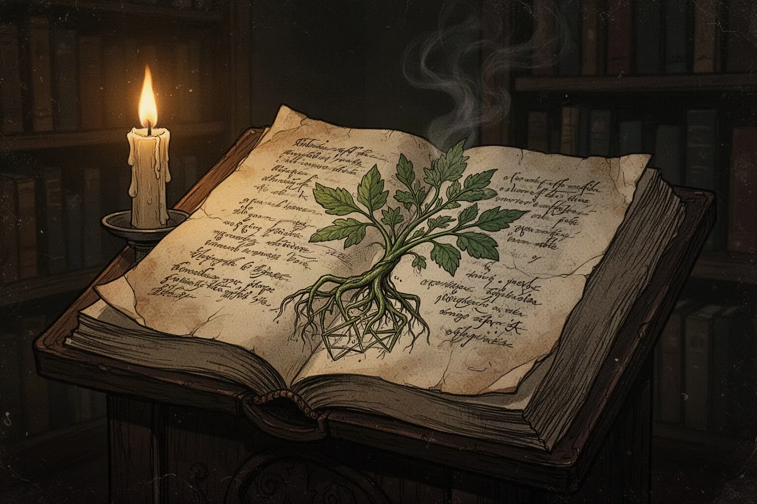 Старинная раскрытая книга с загадочными символами и рисунками несуществующих растений на пожелтевших страницах.