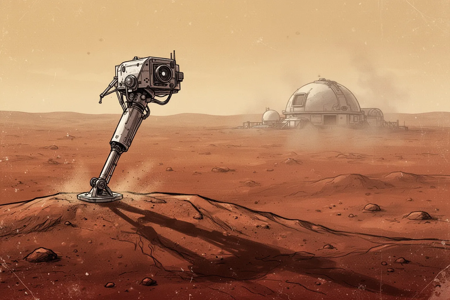 Илон Маск стоит на фоне марсианского пейзажа и стартующей ракеты Starship, указывая рукой вдаль.