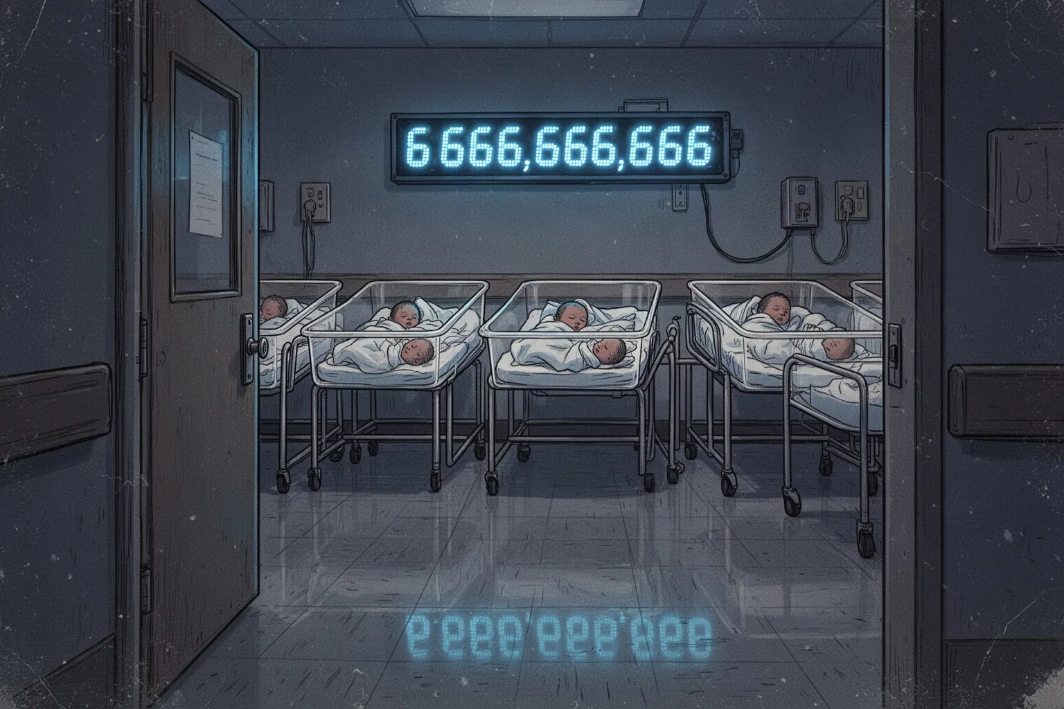 Младенец в пелёнке лежит на фоне светящихся цифр 6 666 666 666.