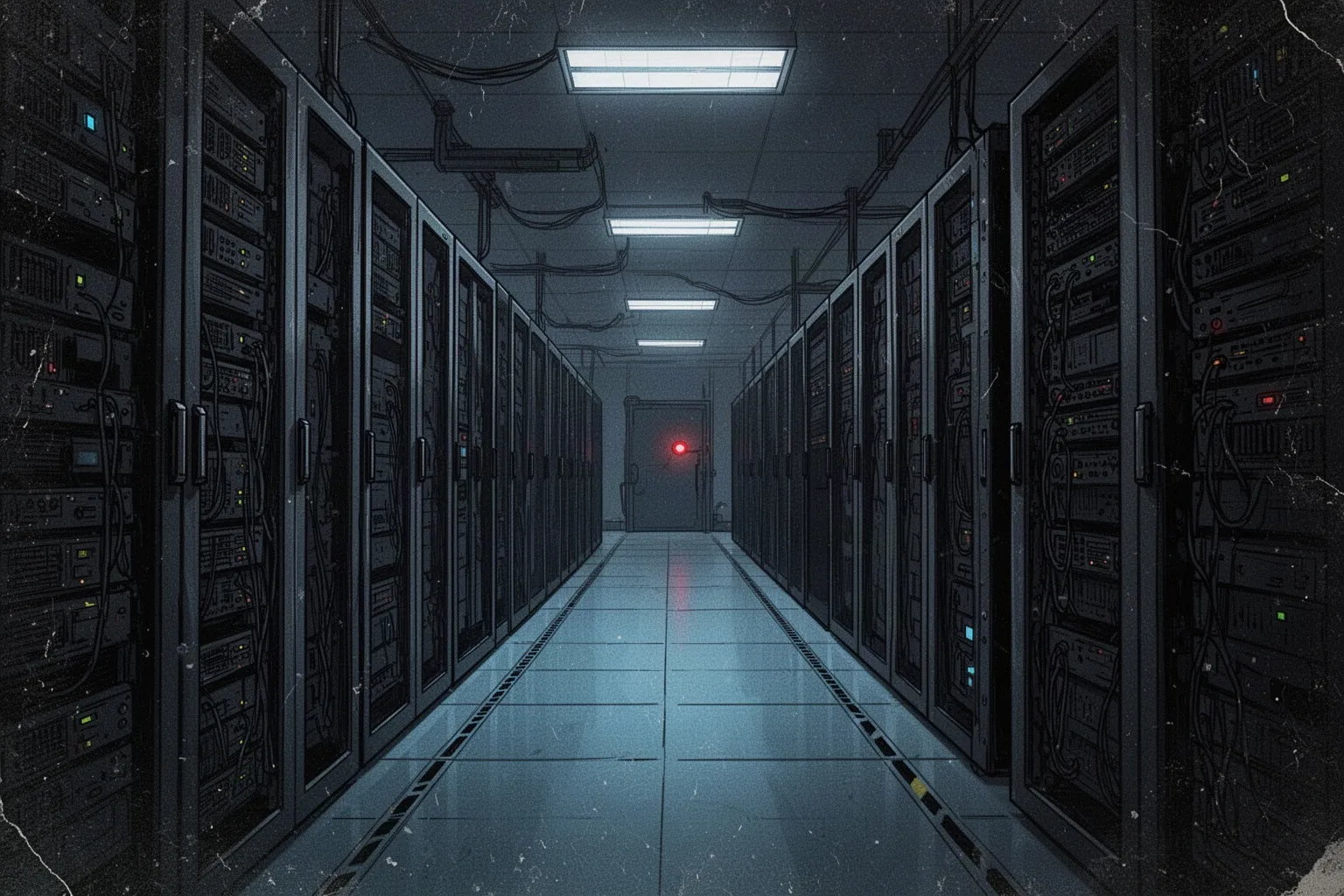 Абстрактное изображение головы робота с приглушённым светом и тёмным фоном.