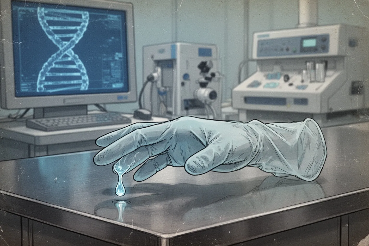 Микроскопическое изображение редактируемой клетки с символом CRISPR и красной кровяной клеткой на синем фоне