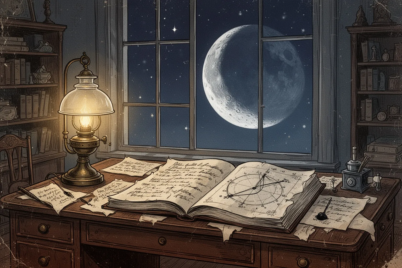 Старинная книга с иллюстрацией космического корабля, парящего над лунной поверхностью на фоне звёздного неба.
