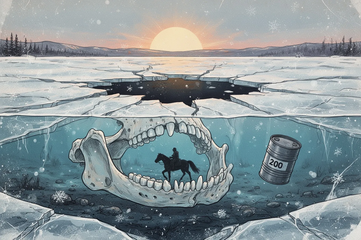 Огромная костяная челюсть на фоне тёмной воды и заснеженных берегов озера Лабынкыр.