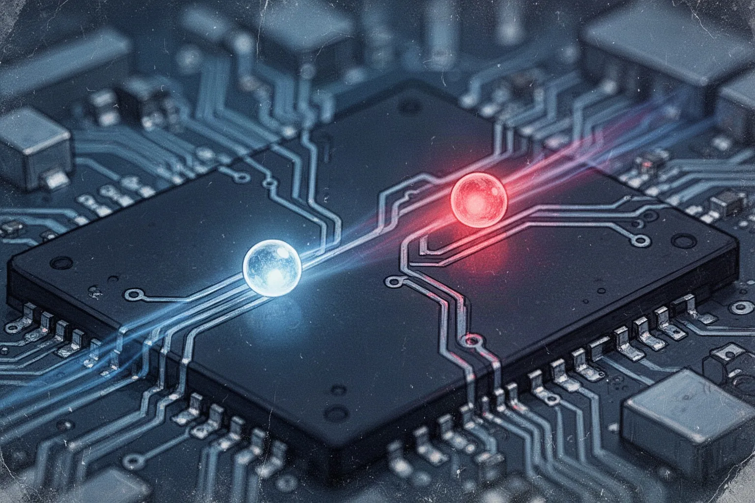 Схематичное изображение квантового чипа с подсвеченными линиями, символизирующими подавление каскадных ошибок в сверхпроводящей цепи.