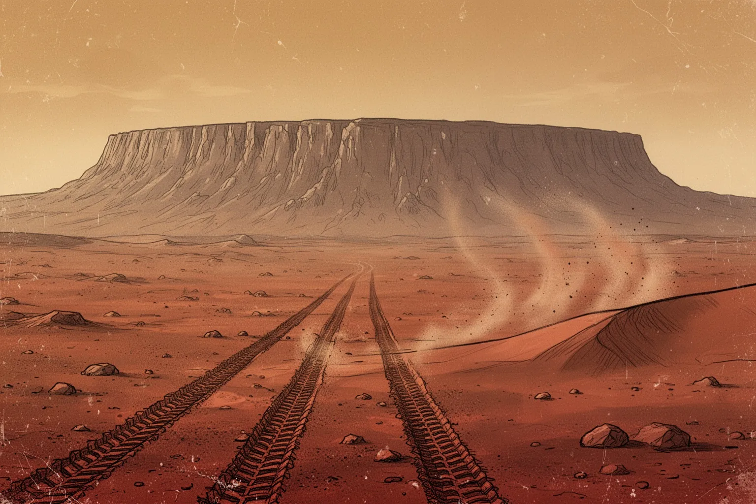 Марсоход Opportunity на пыльной марсианской равнине движется к далёкому кратеру.