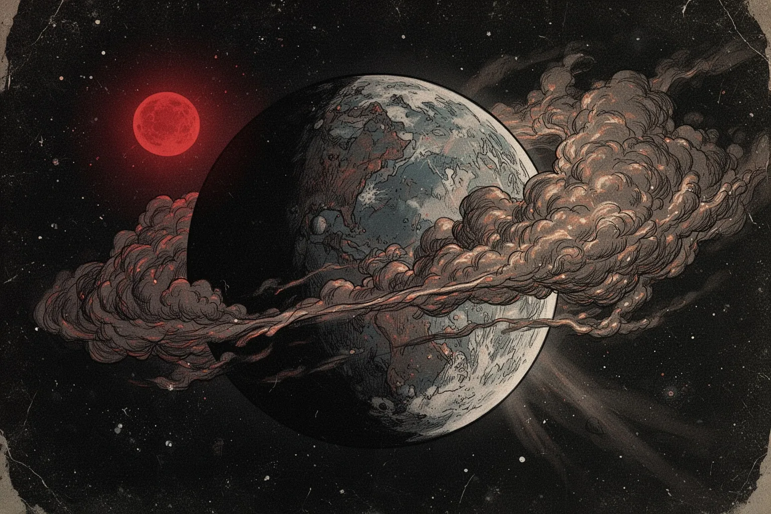 Планета GJ1214b, окутанная плотной металлической дымкой, на фоне космоса и тусклой звезды.
