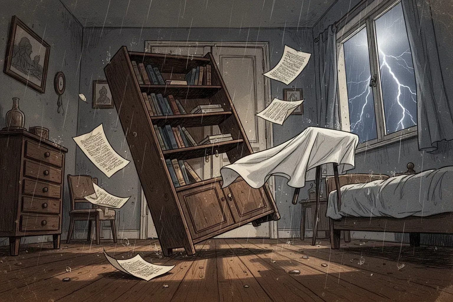 В затемнённой комнате книжный шкаф перегораживает дверь, а в воздухе кружатся листы бумаги и белая скатерть.
