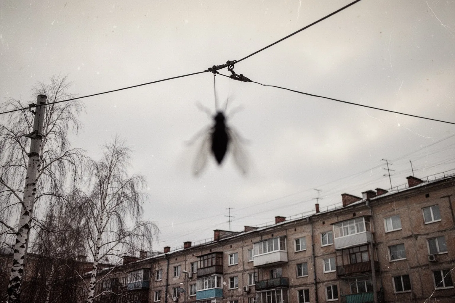 Тёмный размытый объект на фоне серого облачного неба над городским пейзажем.
