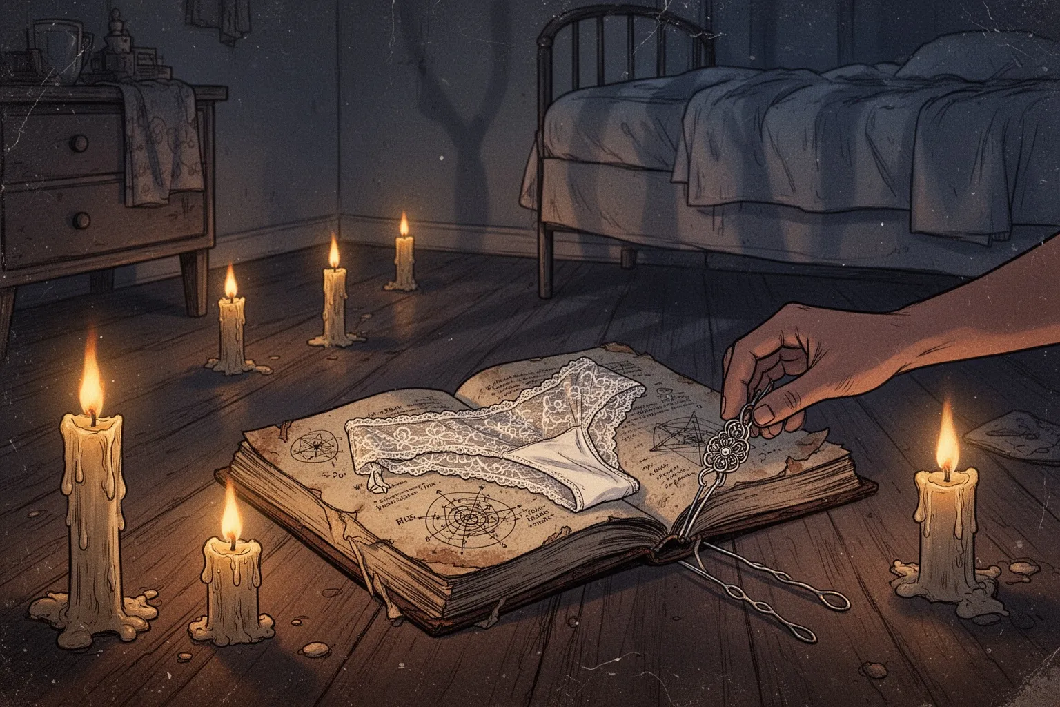 Золотая заколка с перьями и бусинами лежит на раскрытой книге с мексиканскими орнаментами при свечах.