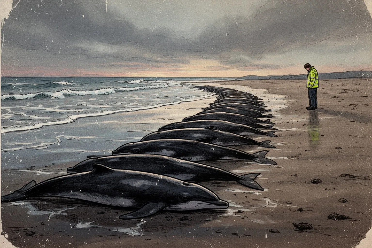 Множество тёмных тел гринд неподвижно лежат на песчаном пляже у кромки воды.