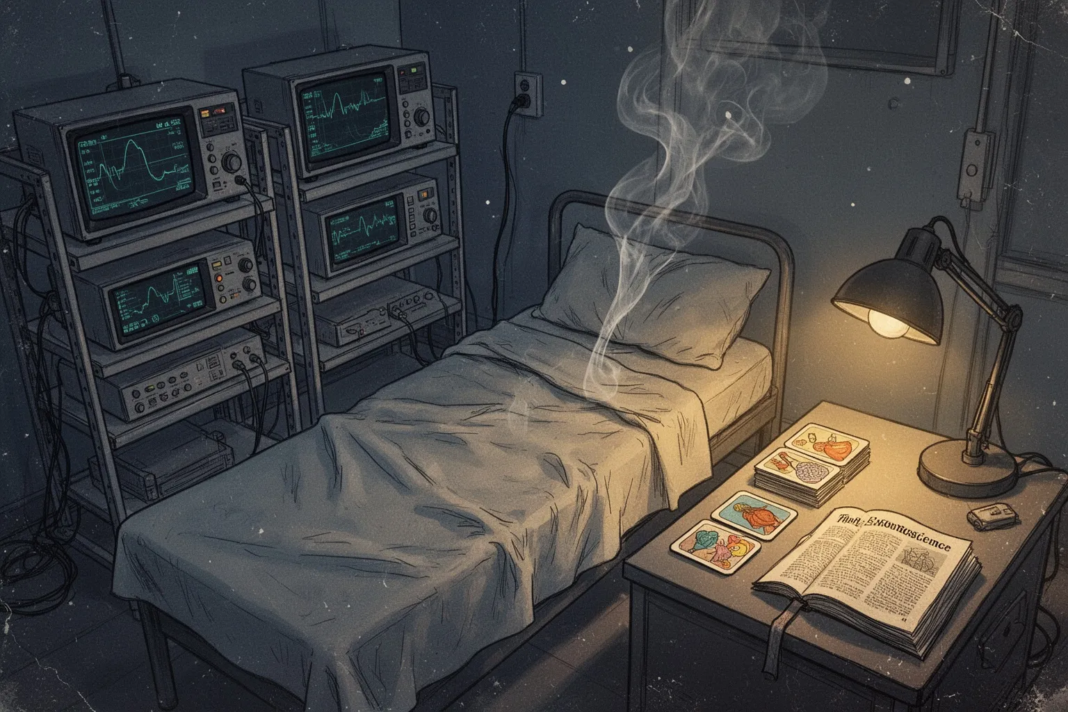 Человек спит за столом среди книг, а над головой светится схема мозга с активным гиппокампом.