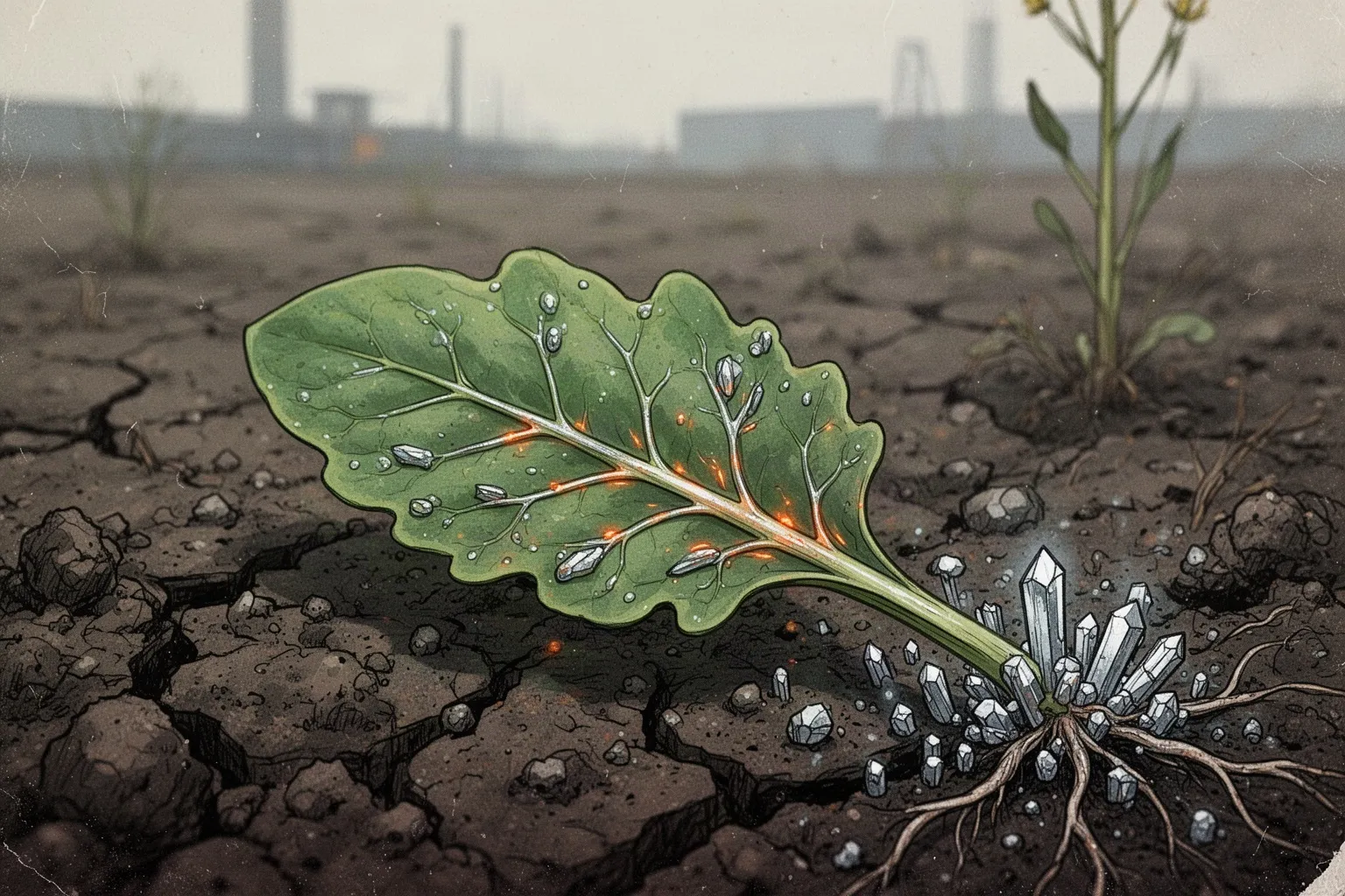 Зелёные листья растения Arabidopsis halleri на фоне почвы, загрязнённой тяжёлыми металлами.