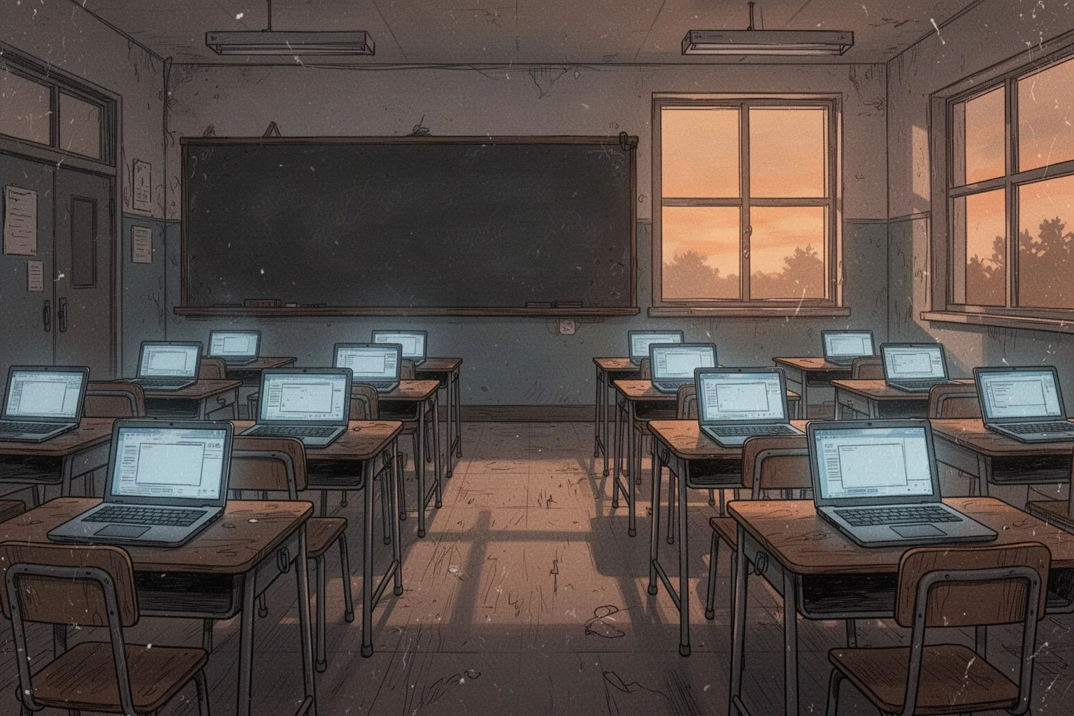 Школьники за партами с ноутбуками, один ученик смотрит в пустой экран.