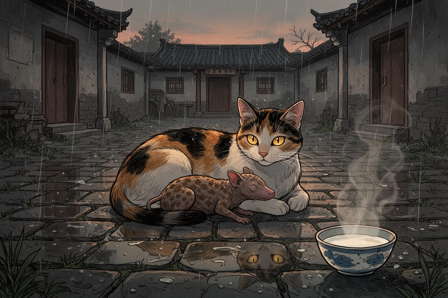 Кошка лежит рядом с маленьким щенком, которого хозяин принял за её новорождённого детёныша.