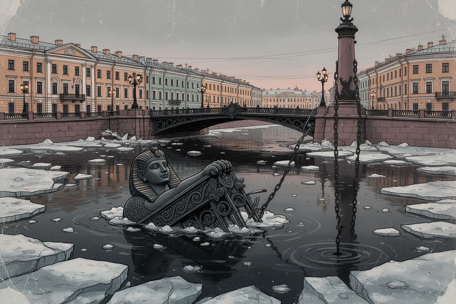 Чугунные сфинксы на фоне обрушившегося Египетского моста и тёмной воды Фонтанки.
