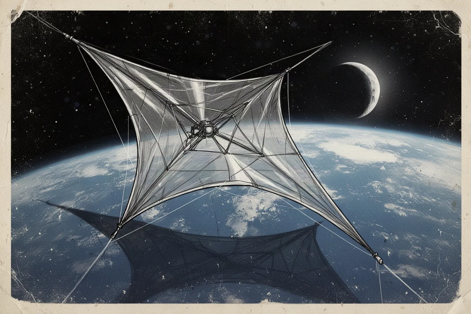 Тонкий солнечный парус NanoSail-D разворачивается на орбите Земли, отражая свет далёких звёзд.