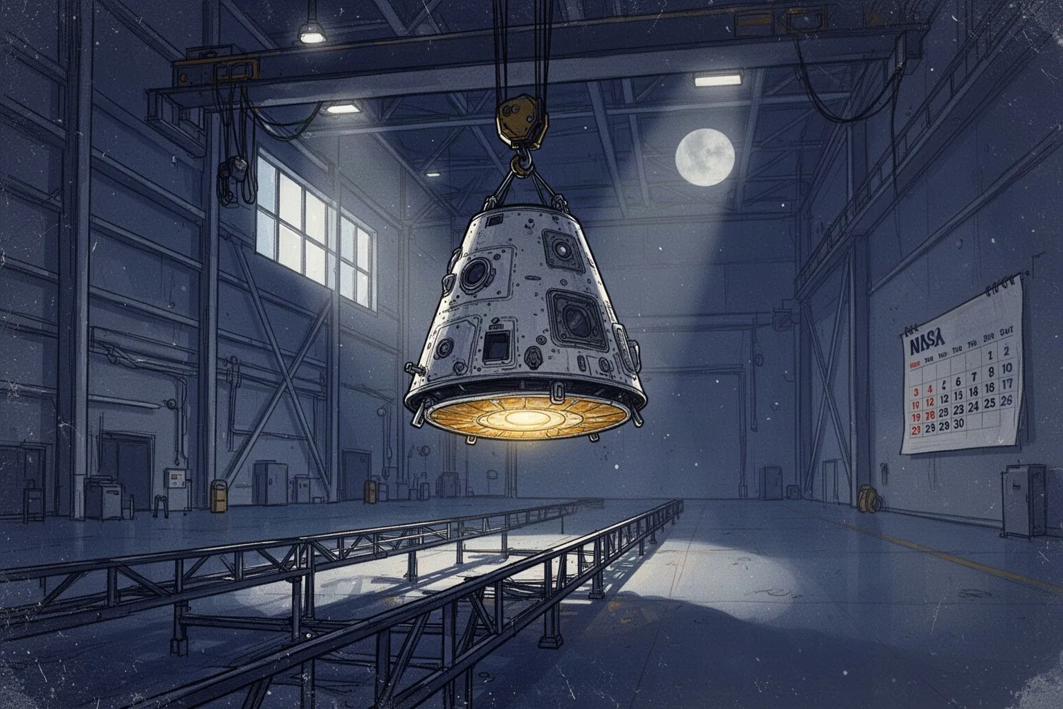 Космический корабль Orion на фоне Луны и звёздного неба, символизирующий отложенную лунную миссию.