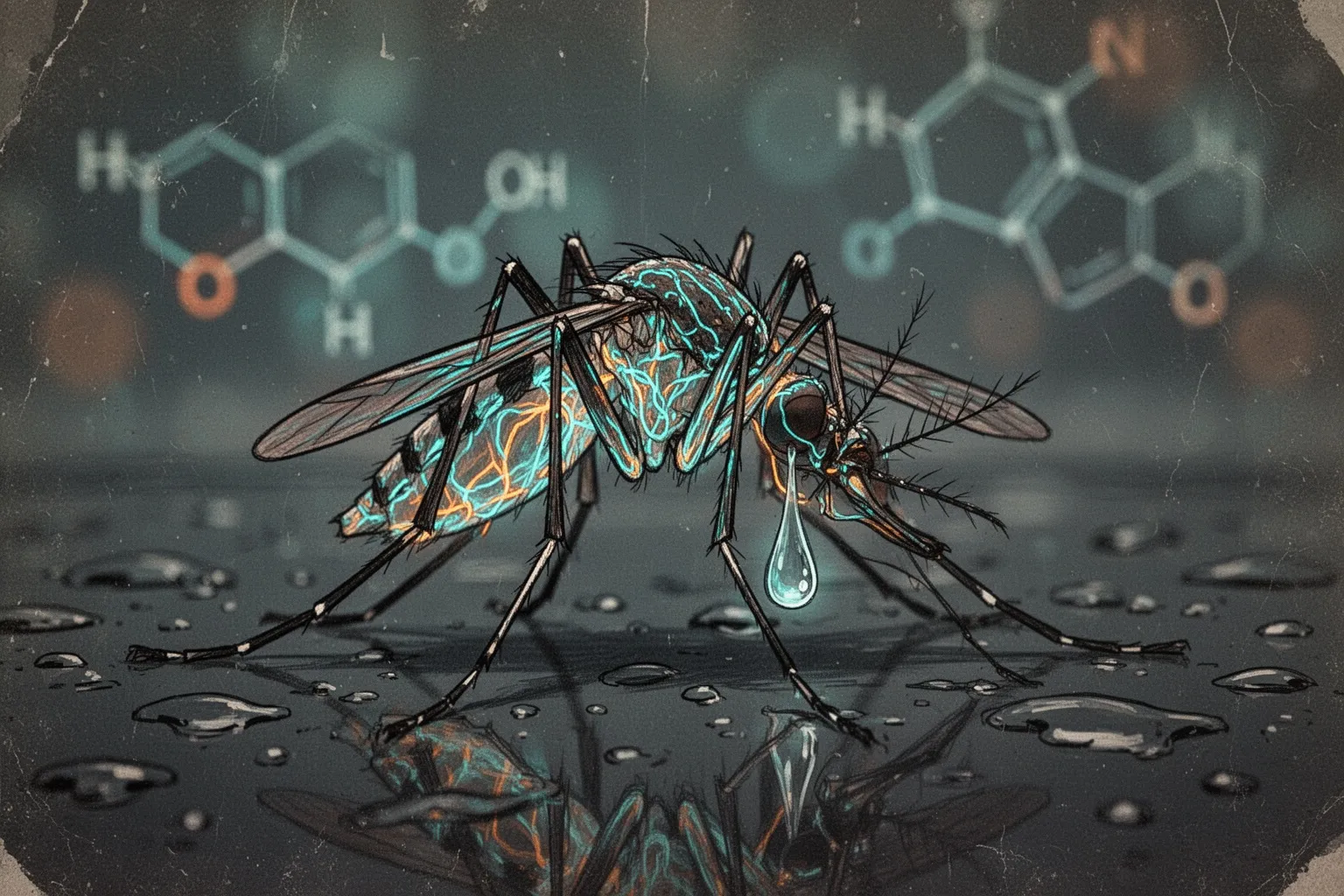 Микроскопическое изображение комара Aedes aegypti на фоне молекулярной структуры, символизирующей фермент и распад инсектицида.