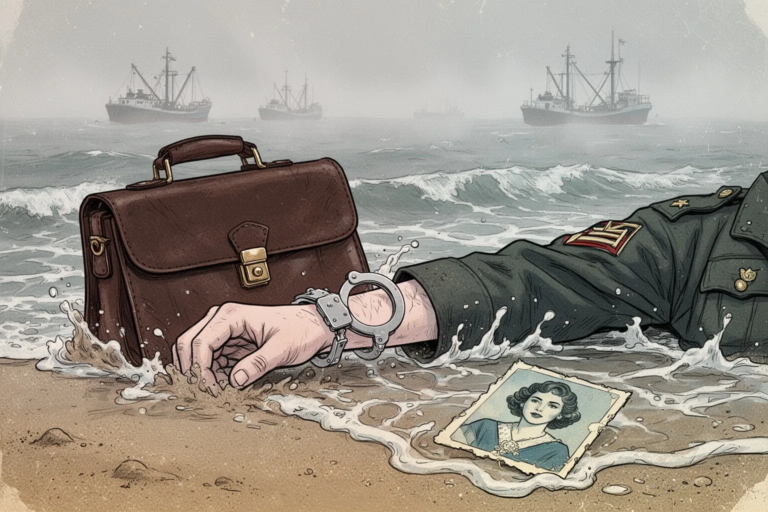 Тело в военной форме с портфелем лежит на песчаном берегу у кромки воды.