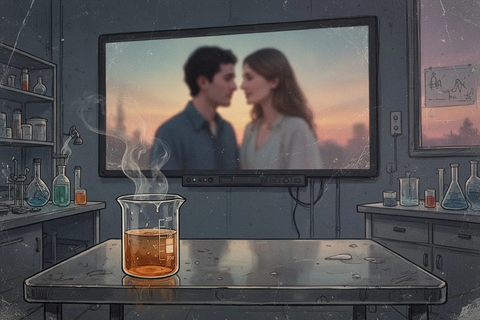 Две фигуры людей на размытом фоне, между ними светится химическая формула серотонина.