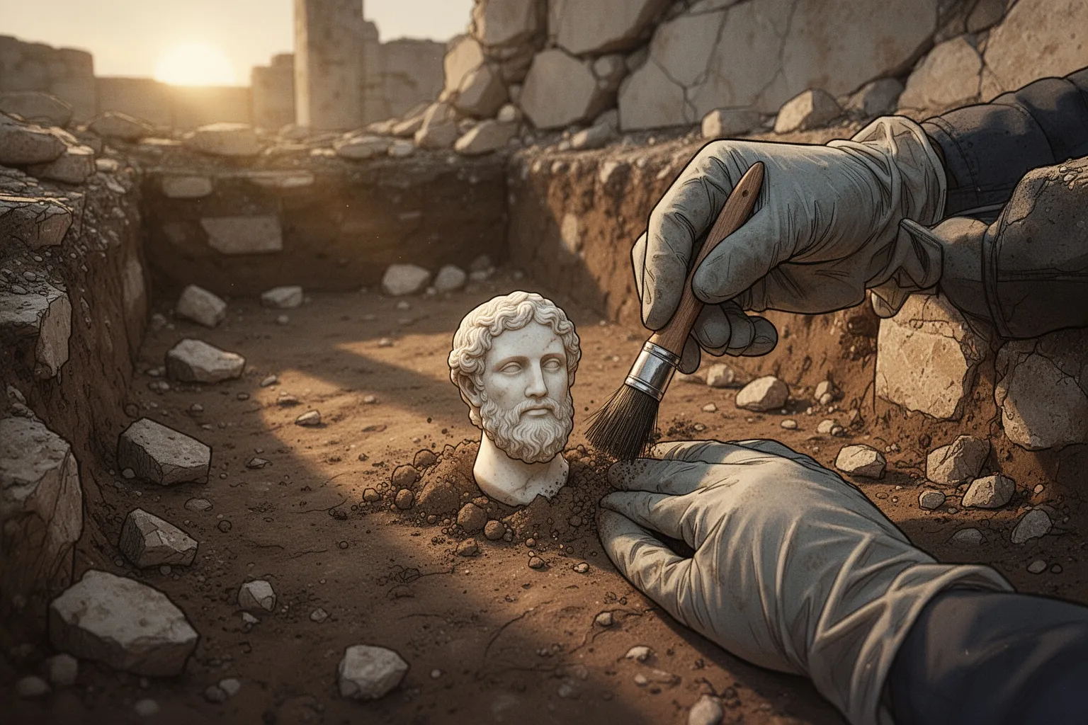 Миниатюрная мраморная фигурка боксёра возрастом 1800 лет на ладони археолога