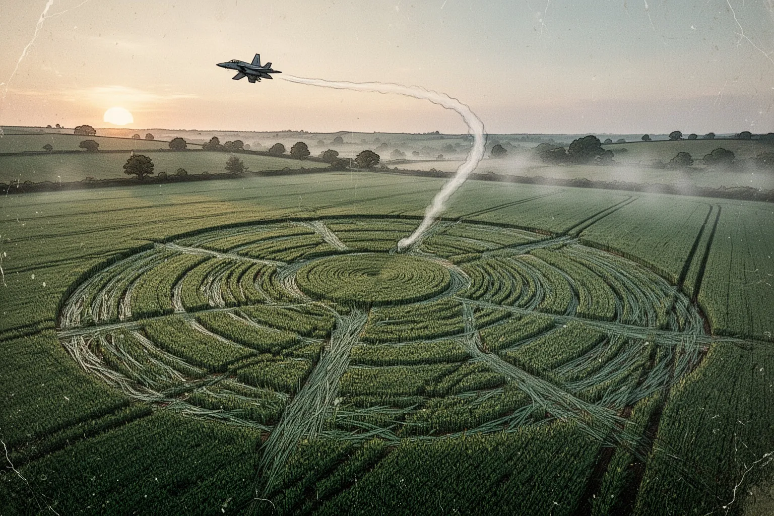 Сложный геометрический узор из примятых колосьев на зелёном поле в сельской местности Уилтшира.