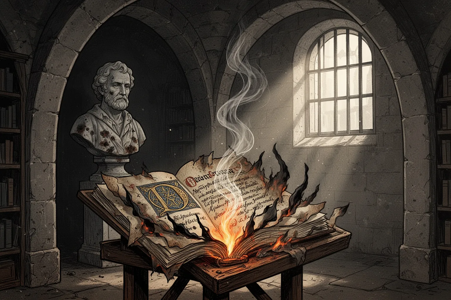 Старинная книга с обгоревшими краями лежит на фоне языков пламени и теней.