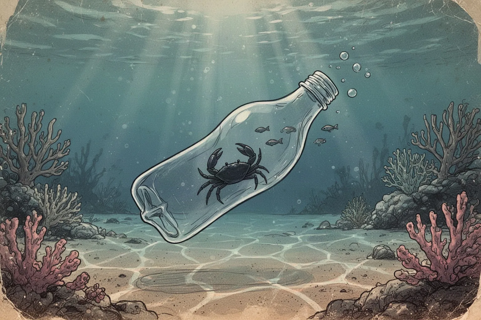 Краб внутри прозрачной пластиковой бутылки на фоне подводных камней и водорослей.