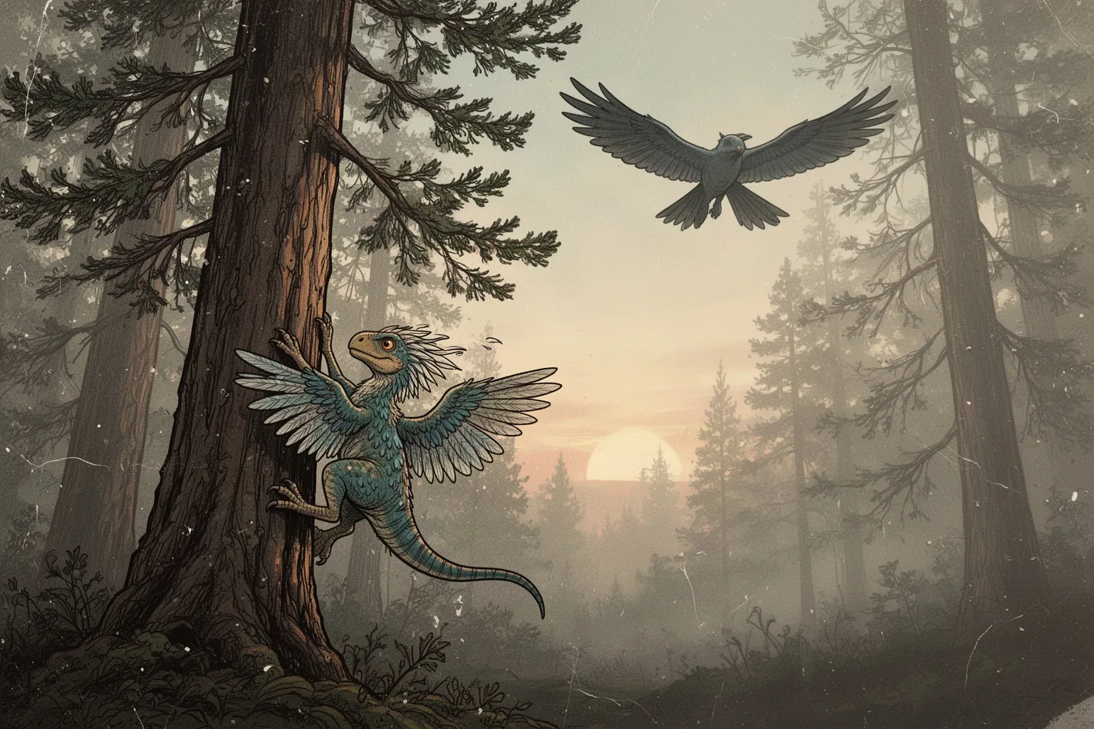 Реконструкция пернатого динозавра Anchiornis с контурными перьями на ветке древнего леса.