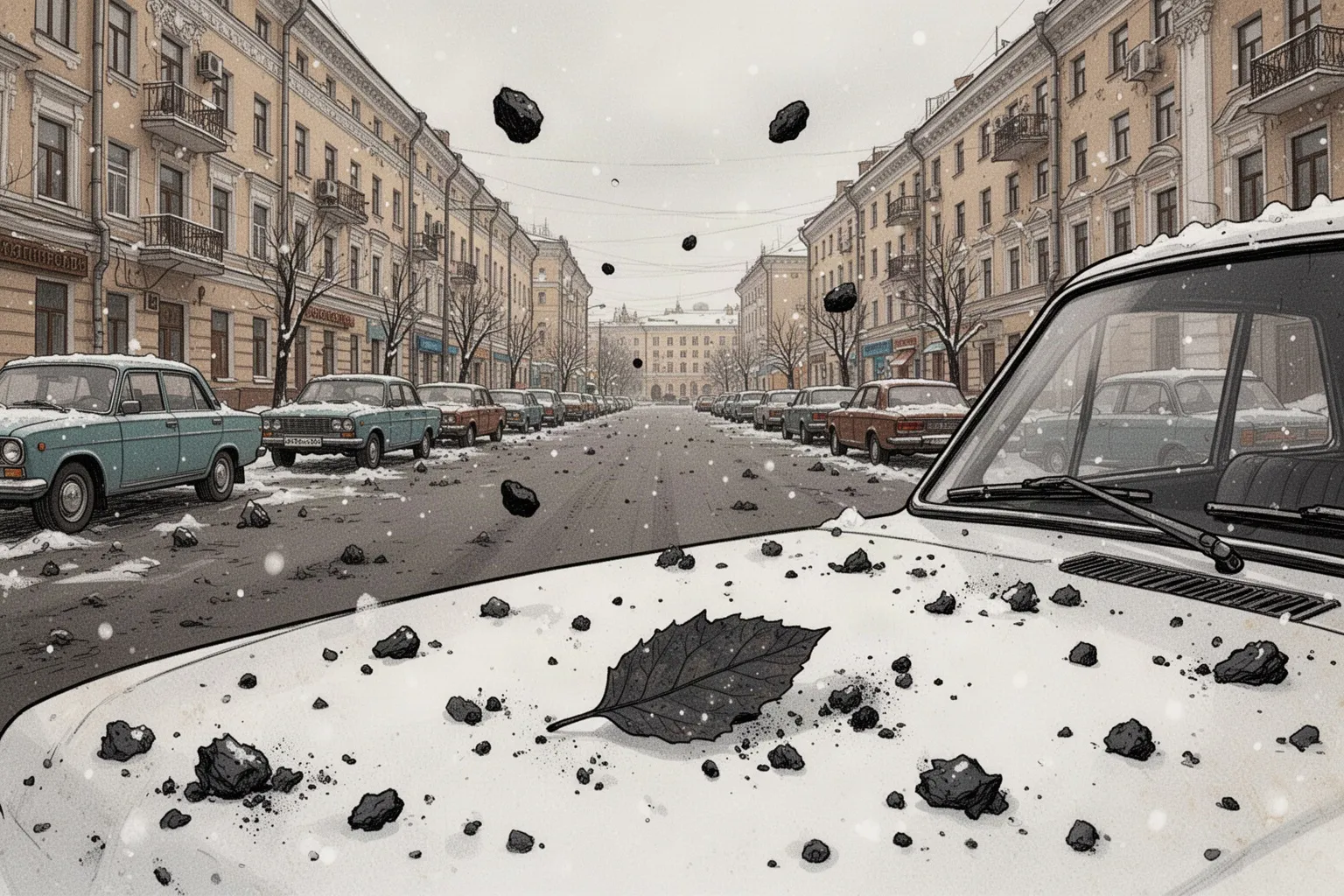 Чёрные хлопья, похожие на сажу, оседают на асфальте и автомобилях в центре города.