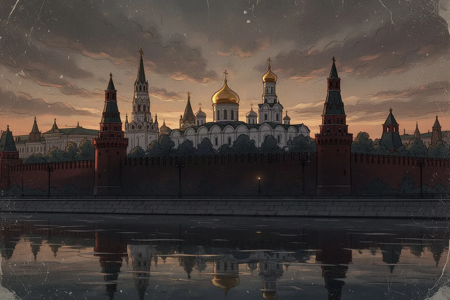 Вид на Московский Кремль в сумерках, окутанный мрачной дымкой и неестественным свечением.