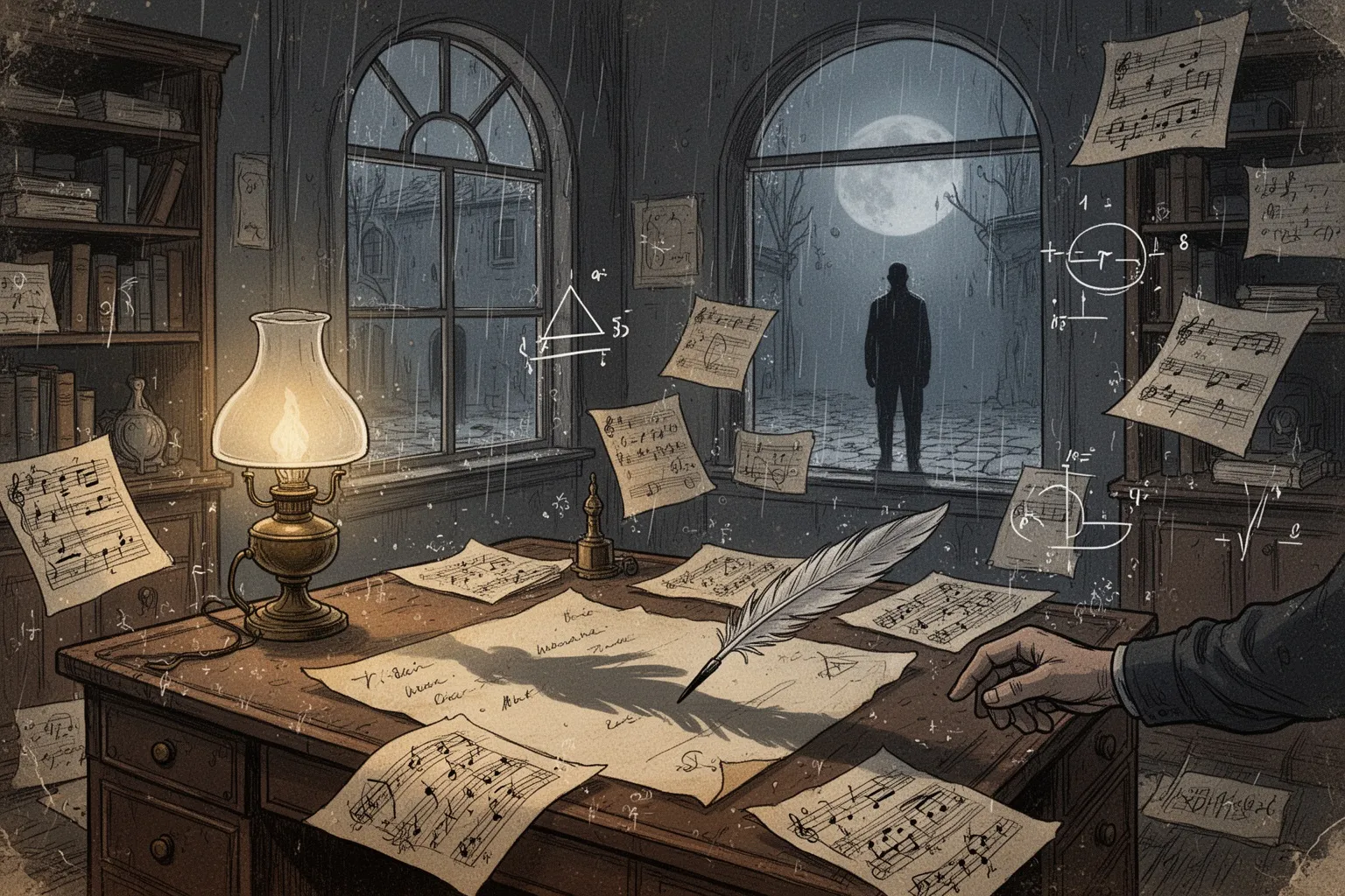 Коллаж из портретов семи исторических гениев на фоне стилизованных нейронных связей и нотного стана.