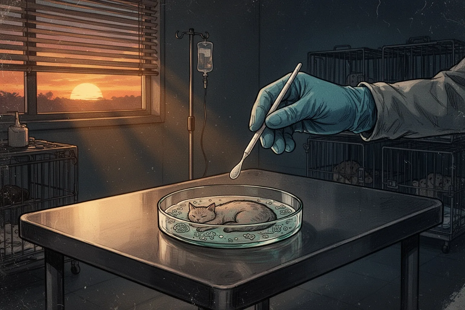 Кошка и собака сидят рядом на фоне предупреждающего знака биологической опасности