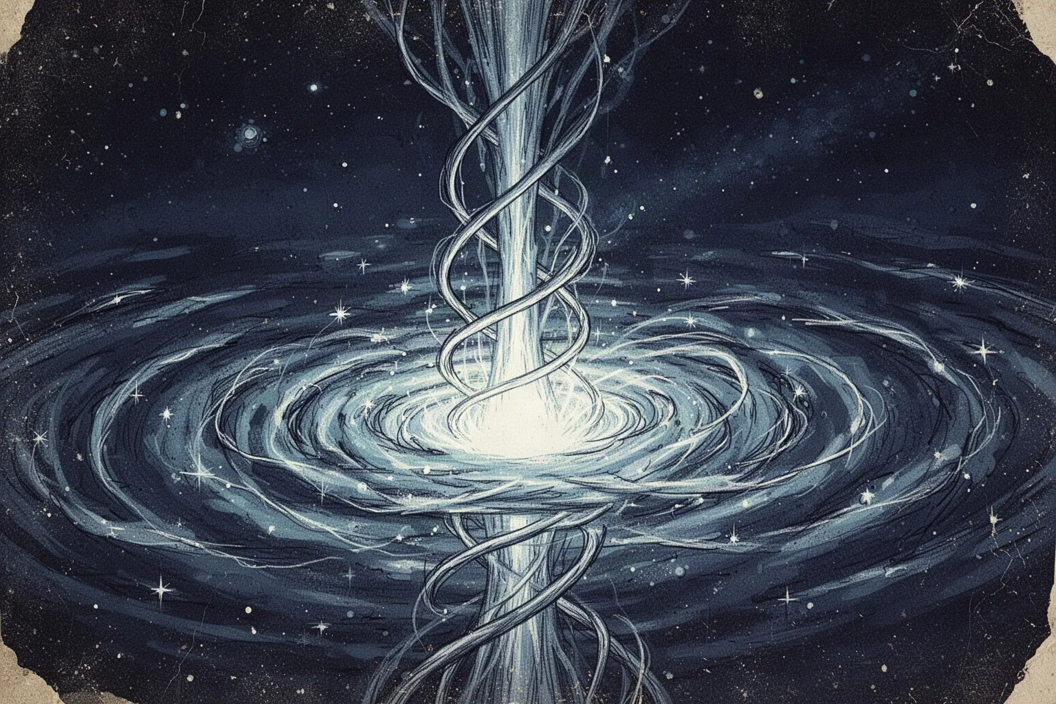 Художественная иллюстрация: яркий джет вырывается из аккреционного диска вокруг тёмного центра чёрной дыры в глубинах космоса.