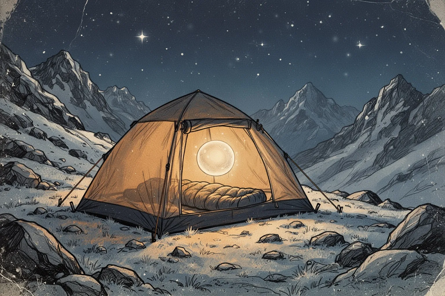Светящийся шар парит внутри горной палатки над спящими альпинистами, излучая жар.