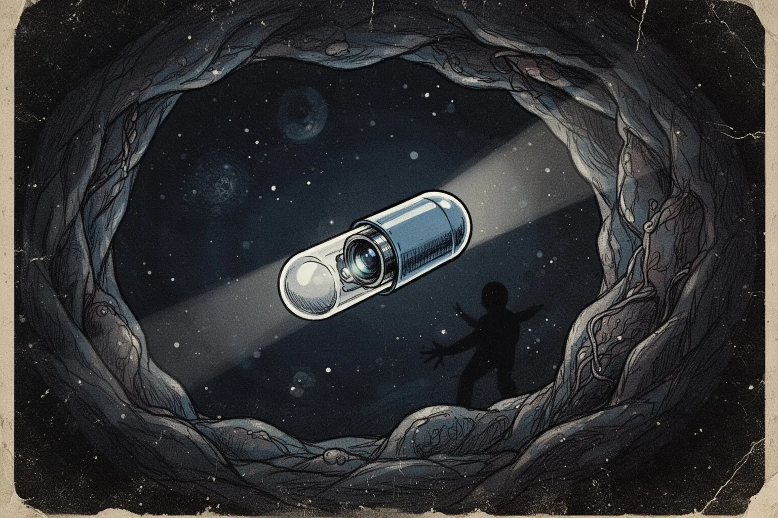 Крупным планом капсула PillCam на ладони врача на фоне медицинского оборудования