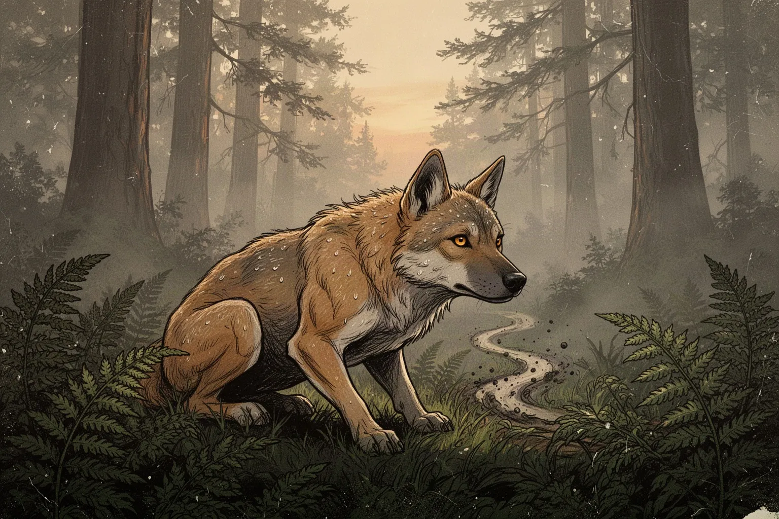 Скелет древнего псового Mesocyon coryphaeus на фоне раскопок в Орегоне.